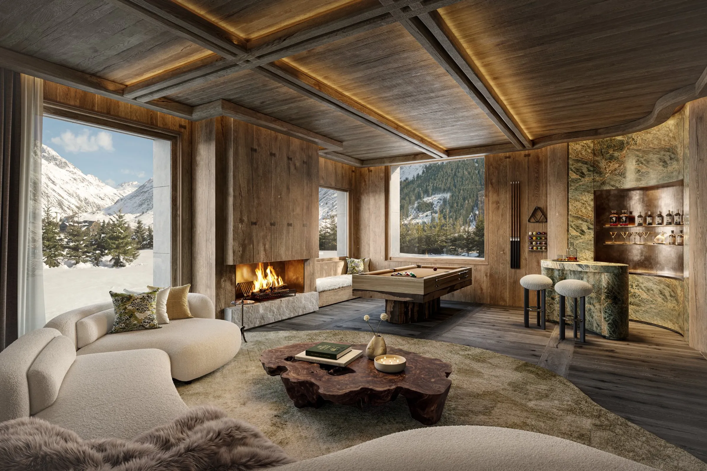 Entertainment room with lounge seating and bar